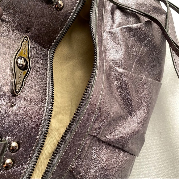 Elliot Lucca smooth metallic gunmetal gray satchel handbag - Picture 8 of 8